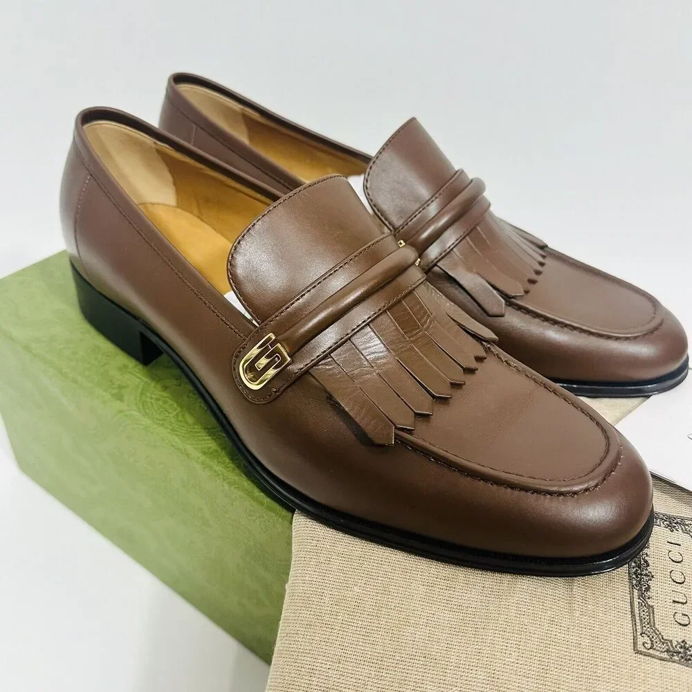 Gucci Men's Mirrored G 8.5/ US 9 Fringed Loafer Brown Italian Leather Shoe NIB